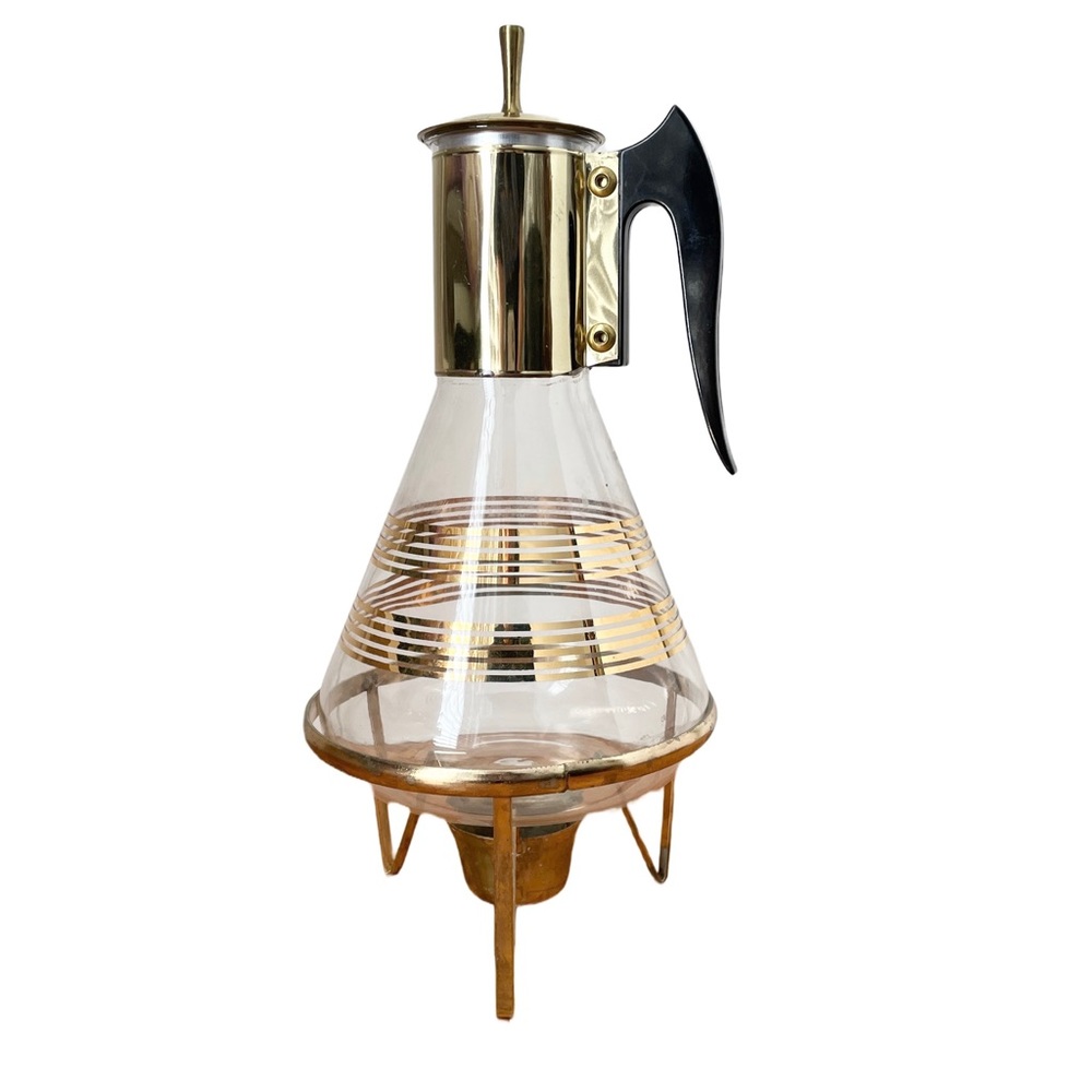 PYREX CORNING Vintage 50’s Glass Coffee Carafe Gold Band Details & Brass…